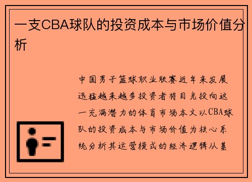 一支CBA球队的投资成本与市场价值分析